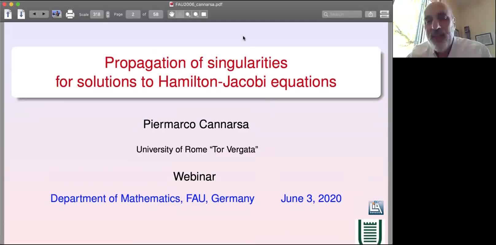 Propagation of Singularities for Solutions to Hamilton-Jacobi Equations (Piermarco Cannarsa, Univ. of Roma Tor Vergata) preview image