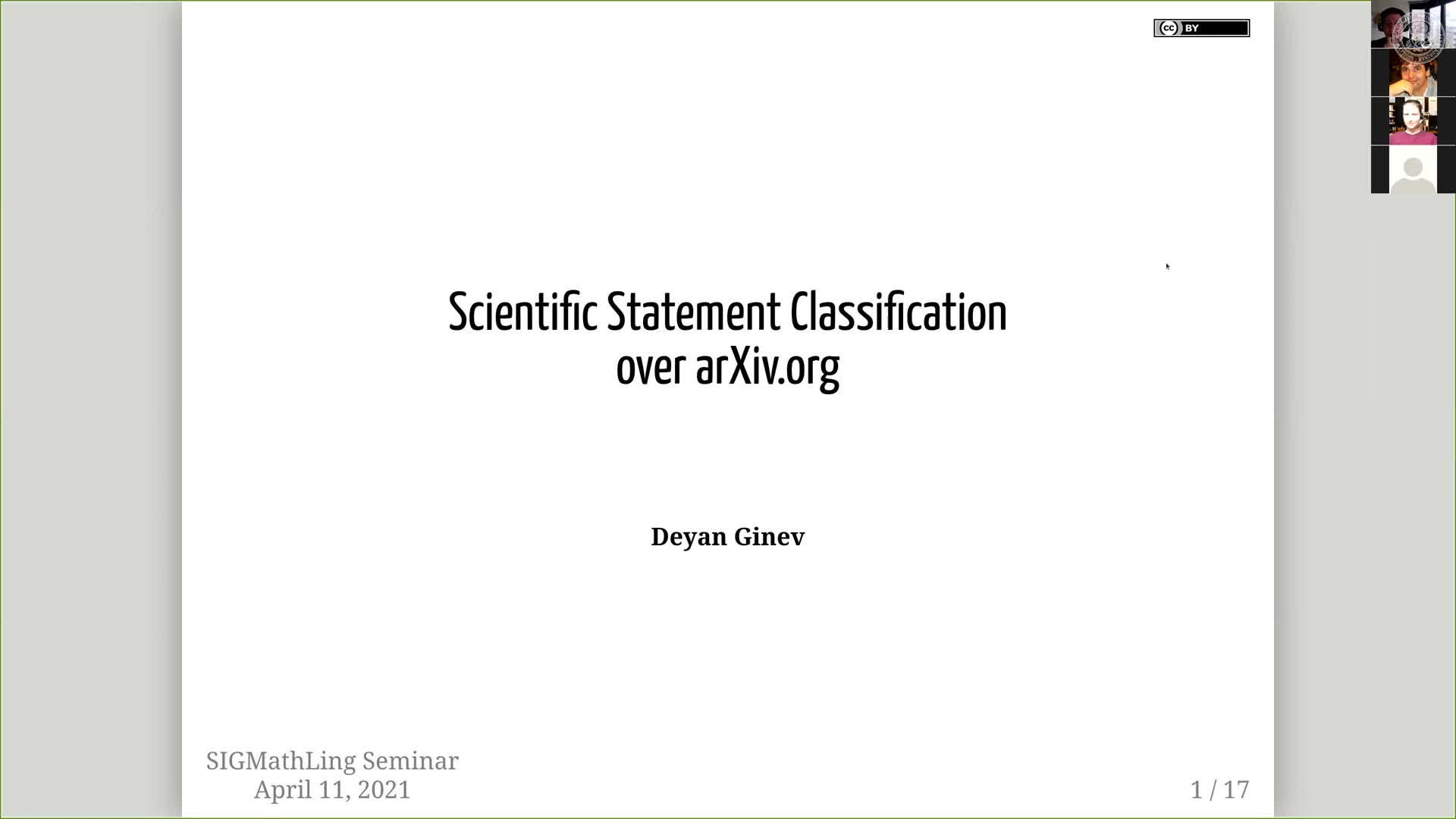 SIGMathLing Seminar --  Deyan Ginev: Scientific Statement Classification over arXiv.org preview image