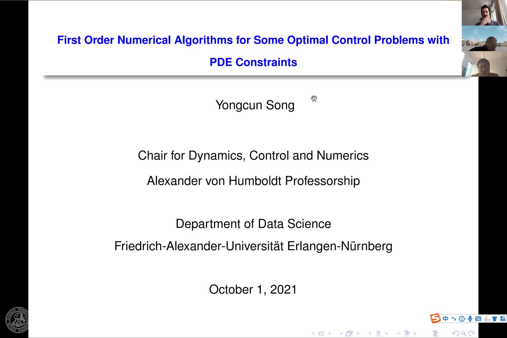First order numerical algorithms for some optimal control problems with PDE constraints (Y. Song, FAU) preview image