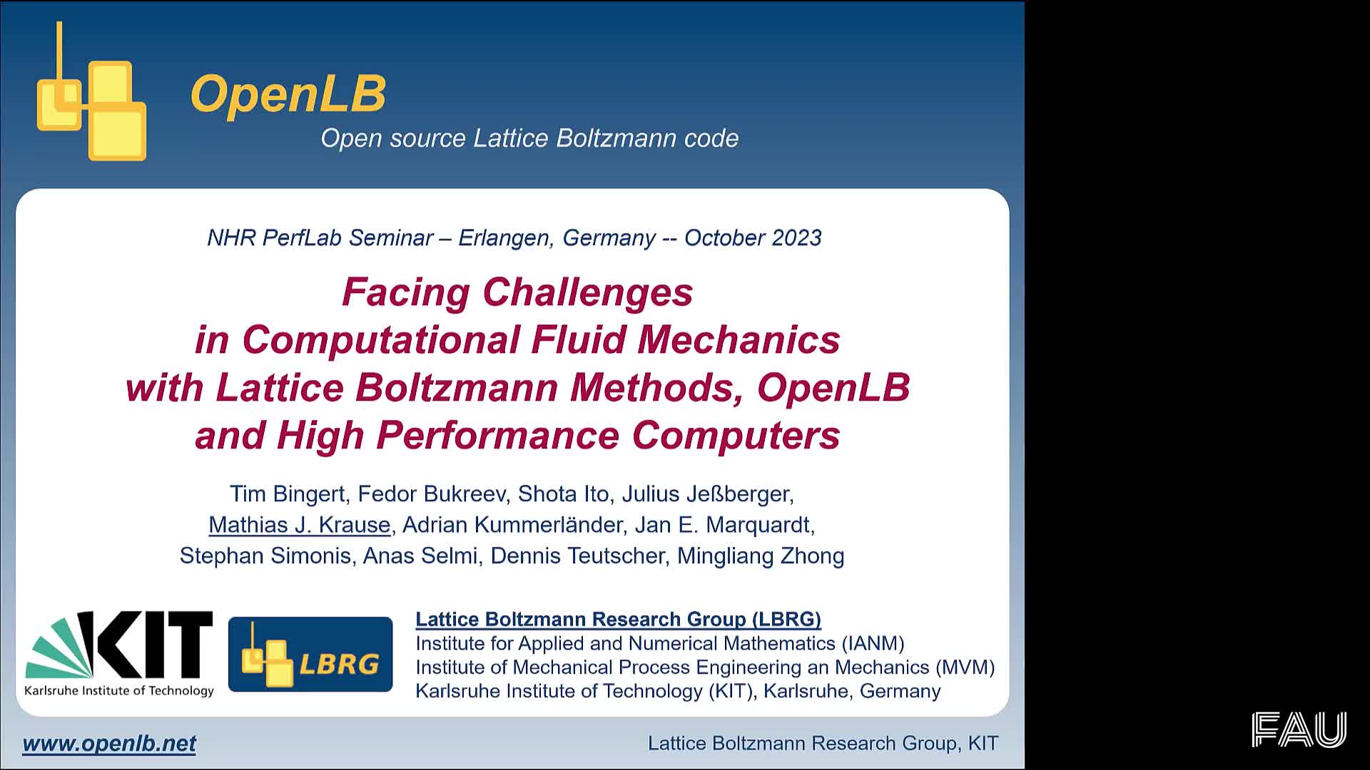 NHR PerfLab Seminar 2023-10-17: Facing Challenges in Computational Fluid Mechanics with Lattice Boltzmann Methods, OpenLB and High Performance Computers preview image