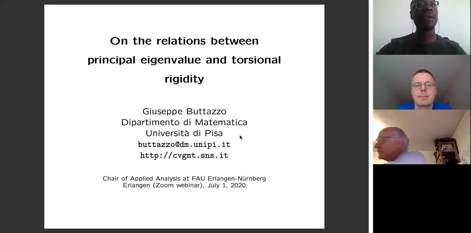 On the relations between principal eigenvalue and torsional rigidity (Giuseppe Buttazzo, University of Pisa) preview image