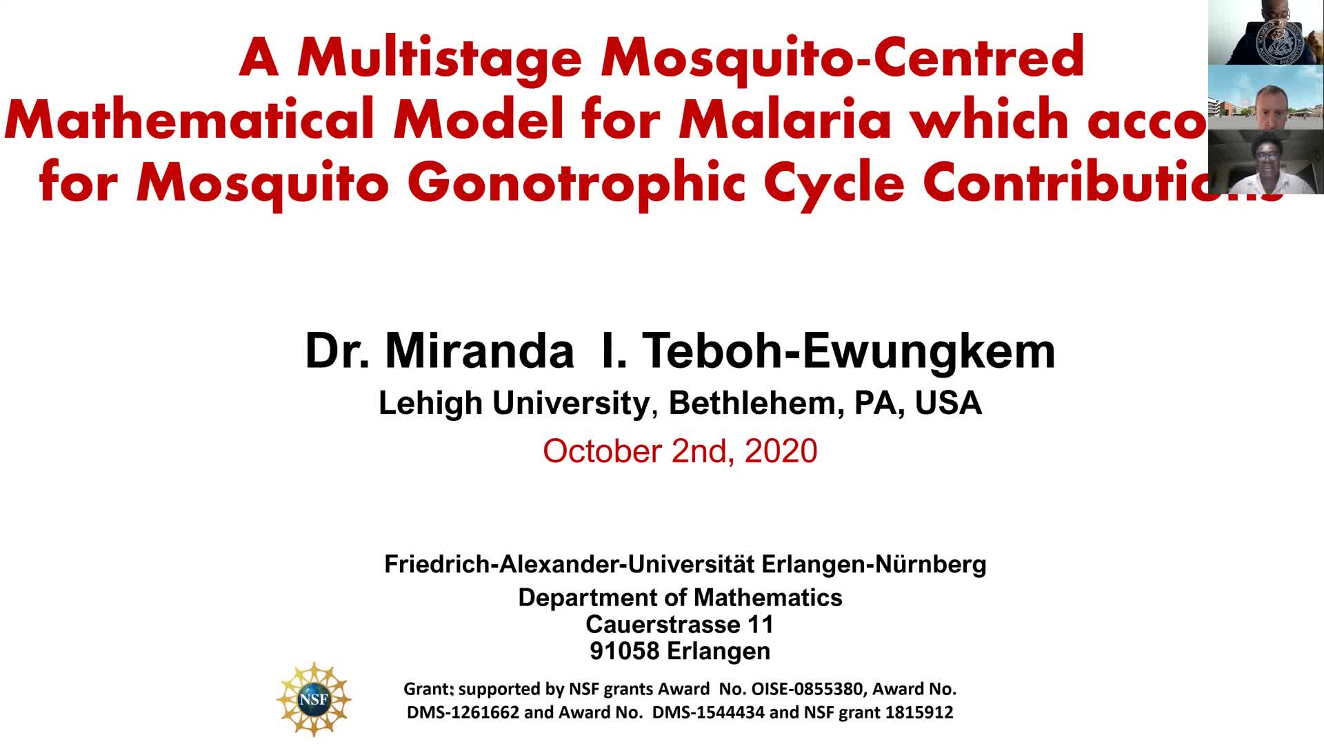 A Multistage Mosquito-Centred-Mathematical Model for Malaria which accounts for Mosquito Gonotrophic Cycle Contributions (Miranda Teboh-Ewungkem, Lehigh University) preview image